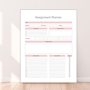 May include: A printable assignment planner with sections for title, subject, due date, grade, objective, description, progress, notes, action plan, due date, and done. The planner is designed to help students organise their assignments and stay on track.