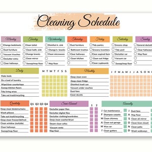 May include: A printable cleaning schedule checklist with a colorful design. The checklist includes daily, weekly, monthly, quarterly, semi-annual, and annual cleaning tasks. The tasks are organized by day of the week and frequency.