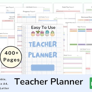 Könnte beinhalten: Ein Lehrerplaner mit Spiralbindung, mit einem Cover mit dem Text "Easy To Use TEACHER PLANNER" und niedlichen Pflanzenillustrationen. Das Bild zeigt auch verschiedene Berichtsvorlagen und den Text "400+ Seiten".