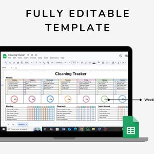May include: A screenshot of a Google Sheet spreadsheet on a laptop screen. The spreadsheet is a cleaning tracker with tabs for weekly, monthly, quarterly, and semi-annual cleaning tasks. The spreadsheet has a progress bar for each task and a weekly progress bar at the bottom of the screen.