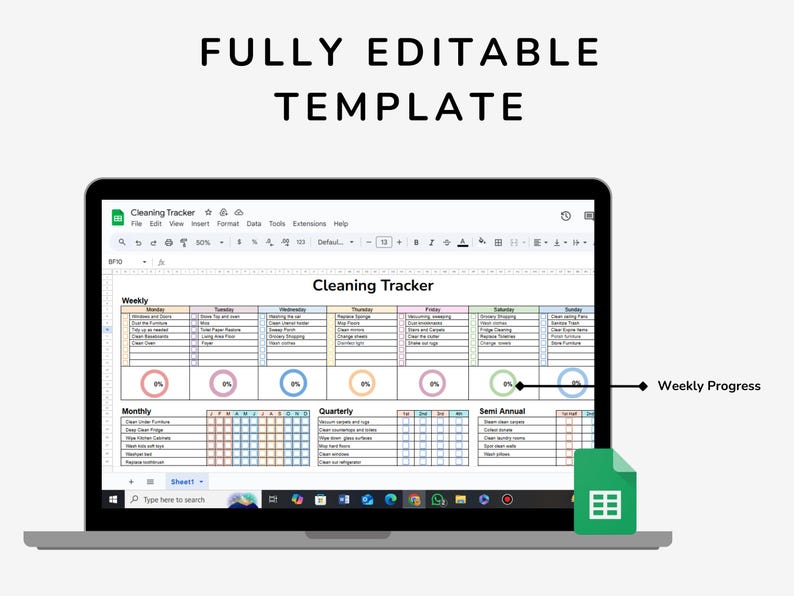 May include: A screenshot of a Google Sheet spreadsheet on a laptop screen. The spreadsheet is a cleaning tracker with tabs for weekly, monthly, quarterly, and semi-annual cleaning tasks. The spreadsheet has a progress bar for each task and a weekly progress bar at the bottom of the screen.