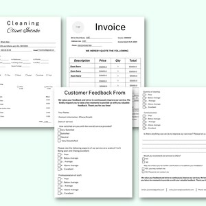 K&ouml;nnte beinhalten: Ein schwarz-wei&szlig;es Formular f&uuml;r die Kundenaufnahme, eine Rechnung und ein Kundenfeedback-Formular f&uuml;r einen Reinigungsservice. Die Rechnung enth&auml;lt eine Beschreibung, einen Preis, eine Menge und eine Summe f&uuml;r die Reinigungsdienste. Das Kundenfeedback-Formular bittet um Feedback zur Qualit&auml;t der Reinigung, Kommunikation und Professionalit&auml;t des Personals.