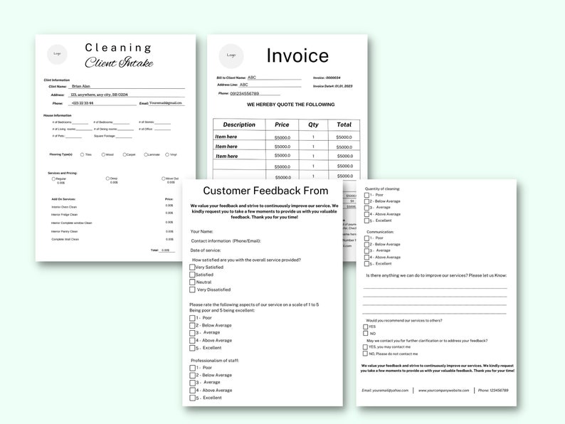 K&ouml;nnte beinhalten: Ein schwarz-wei&szlig;es Formular f&uuml;r die Kundenaufnahme, eine Rechnung und ein Kundenfeedback-Formular f&uuml;r einen Reinigungsservice. Die Rechnung enth&auml;lt eine Beschreibung, einen Preis, eine Menge und eine Summe f&uuml;r die Reinigungsdienste. Das Kundenfeedback-Formular bittet um Feedback zur Qualit&auml;t der Reinigung, Kommunikation und Professionalit&auml;t des Personals.