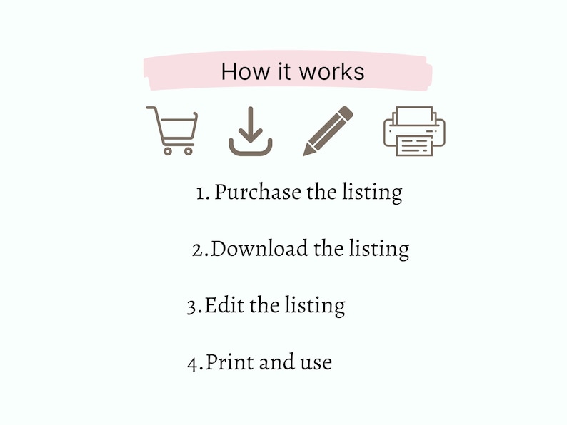May include: How it works: A shopping cart, download arrow, pencil, and printer icon illustrate the steps to purchase, download, edit, and print a digital listing.