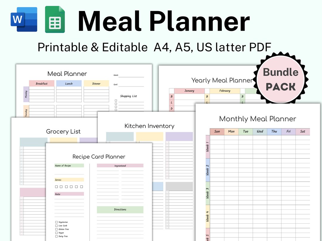 Weekly Meal Planner With Grocery List Printable, Food Prep, 7 Day Menu