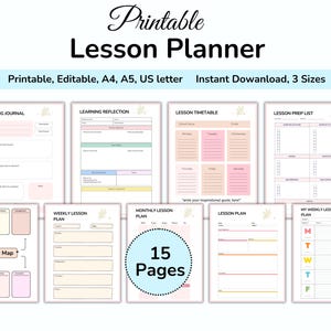 May include: A printable lesson planner with various templates, including a reading journal, lesson timetable, and weekly plan. The design features soft pastel colors and the text "Printable Lesson Planner". Includes 15 pages and is available in A4, A5, and US letter sizes.