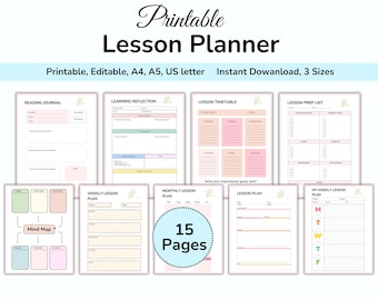 May include: A printable lesson planner with various templates, including a reading journal, lesson timetable, and weekly plan. The design features soft pastel colors and the text "Printable Lesson Planner". Includes 15 pages and is available in A4, A5, and US letter sizes.