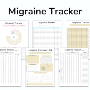 May include: A set of printable migraine tracker pages. The pages include a calendar tracker, a migraine frequency tracker, a migraine emergency kit, and a migraine trigger tracker. The pages are designed to help people track their migraines and identify potential triggers.