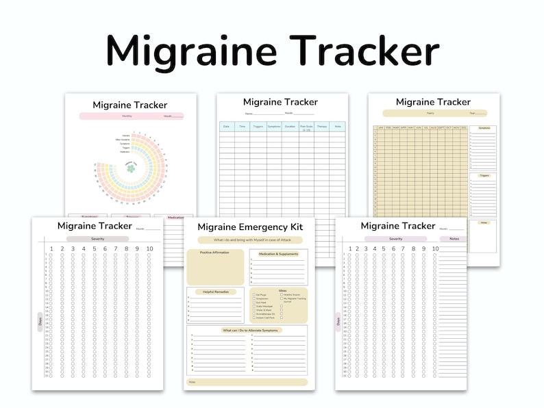 May include: A set of printable migraine tracker pages. The pages include a calendar tracker, a migraine frequency tracker, a migraine emergency kit, and a migraine trigger tracker. The pages are designed to help people track their migraines and identify potential triggers.