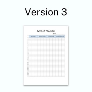 May include: A white paper document titled Version 3 and Fatigue Tracker with a date line. The grid features columns for Mild Fatigue, Moderate Fatigue, Severe Fatigue, and Chronic Illness Flare, with rows numbered 1 through 31 for daily tracking.