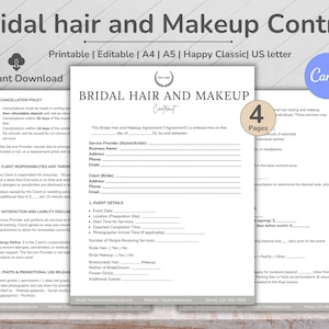 Bridal Hair And Makeup Contract, Bridal Hair Contract, Salon Forms, Bridal Makeup Artist, Hairstylist Contract, Beauty Service, Printable