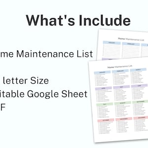Peut inclure: Une liste de t&acirc;ches de maintenance de la maison imprimable en format A4 et lettre US. La liste est divis&eacute;e en sections mensuelles avec une liste de t&acirc;ches pour chaque mois. La liste est modifiable dans Google Sheets et peut &ecirc;tre t&eacute;l&eacute;charg&eacute;e au format PDF.