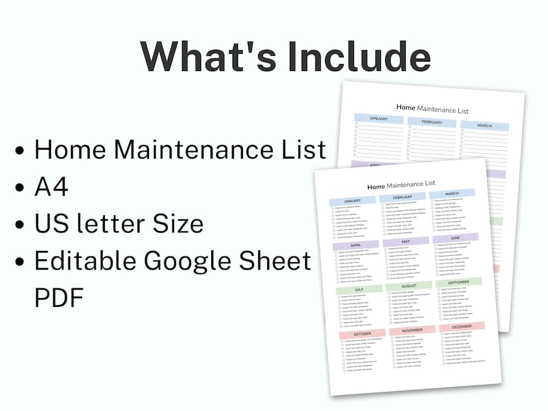 Peut inclure: Une liste de t&acirc;ches de maintenance de la maison imprimable en format A4 et lettre US. La liste est divis&eacute;e en sections mensuelles avec une liste de t&acirc;ches pour chaque mois. La liste est modifiable dans Google Sheets et peut &ecirc;tre t&eacute;l&eacute;charg&eacute;e au format PDF.