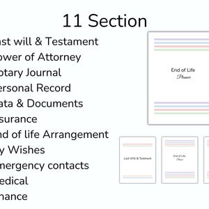 Pu&ograve; includere: Un End of Life Planner bianco con strisce pastello e la scritta "End of Life Planner". L'immagine include anche un elenco di 11 sezioni, tra cui Testamento, Procura e Contatti di emergenza.