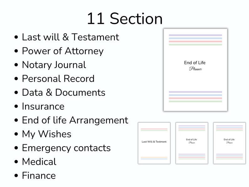 Pu&ograve; includere: Un End of Life Planner bianco con strisce pastello e la scritta "End of Life Planner". L'immagine include anche un elenco di 11 sezioni, tra cui Testamento, Procura e Contatti di emergenza.