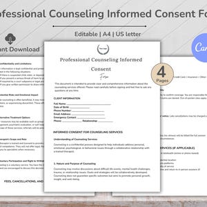 Professional Counseling Informed Consent Form, Informed Consent, Therapist Form, Counseling Intake, Mental Health Intake, Psychotherapy Form