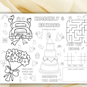 May include: Black and white wedding activity placemat with illustrations of a car, flowers, cake, and doves. Includes a maze, tic-tac-toe, and prompts to decorate the cake and find doves. The names "Kimberly & Richard" and the date "October 12, 2024" are also included.