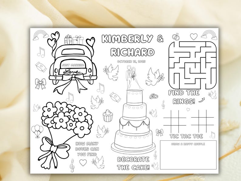 May include: Black and white wedding activity placemat with illustrations of a car, flowers, cake, and doves. Includes a maze, tic-tac-toe, and prompts to decorate the cake and find doves. The names "Kimberly & Richard" and the date "October 12, 2024" are also included.