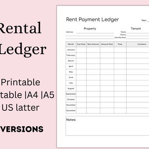 May include: Printable rent payment ledger template in A4 and A5 sizes. The template includes columns for month, due date, rent amount, amount paid, fees, and comments. The template is designed for US letter size paper.