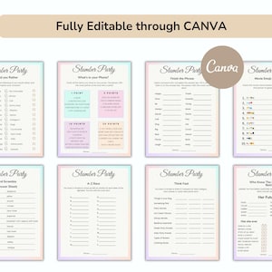May include: A set of printable slumber party game cards with a rainbow gradient border. The games include "Would You Rather", "What's in Your Phone", "Finish the Phrase", "Movie Emoji Pictionary", "Word Scramble", "A-Z Back", "Think Fast", and "Who Knows the Birthday Girl Best".