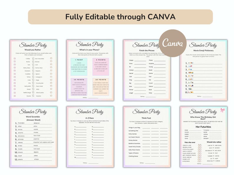 May include: A set of printable slumber party game cards with a rainbow gradient border. The games include "Would You Rather", "What's in Your Phone", "Finish the Phrase", "Movie Emoji Pictionary", "Word Scramble", "A-Z Back", "Think Fast", and "Who Knows the Birthday Girl Best".
