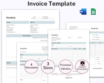Simple Invoice Template Microsoft Word, Editable Google Sheet  For Small Business Billing, Receipt Form, Crafters Invoice, Instant Download