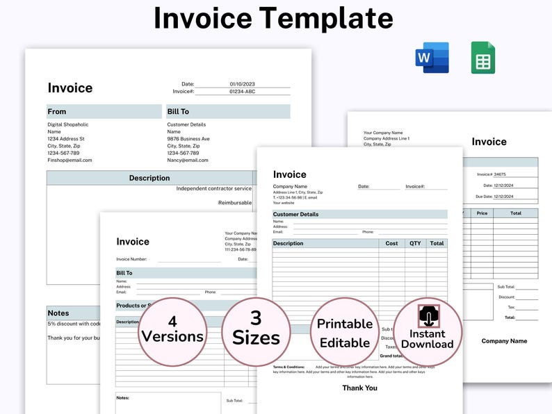 Simple Invoice Template Microsoft Word, Editable Google Sheet for Small ...