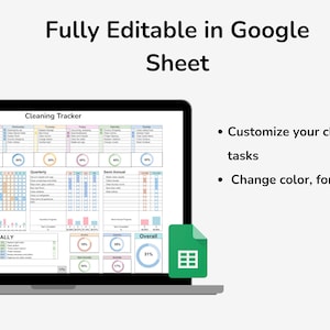 May include: A screenshot of a Google Sheet with a cleaning tracker. The sheet is divided into sections for weekly, monthly, quarterly, semi-annual, and annual tasks. The sheet also includes a progress bar for each section. The text "Fully Editable in Google Sheet" is at the top of the image.
