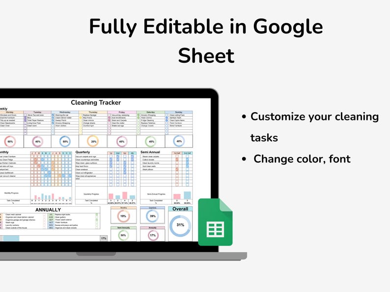 May include: A screenshot of a Google Sheet with a cleaning tracker. The sheet is divided into sections for weekly, monthly, quarterly, semi-annual, and annual tasks. The sheet also includes a progress bar for each section. The text "Fully Editable in Google Sheet" is at the top of the image.