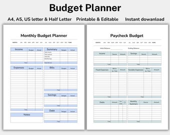 Editable Budget Planner, Personal Finance Planner, Monthly Paycheck Budget PDF, Biweekly Budget Tracker, Income & Expense Log, Printable