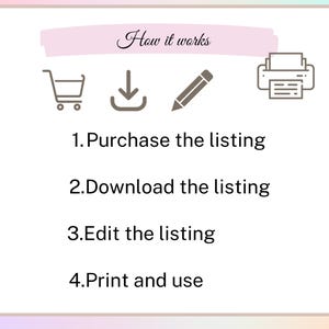 Puede incluir: Un diagrama que muestra los pasos para comprar, descargar, editar e imprimir una lista digital. Los pasos se ilustran con iconos de un carrito de compras, una flecha de descarga, un l&aacute;piz y una impresora.
