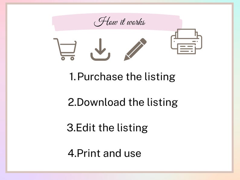 Puede incluir: Un diagrama que muestra los pasos para comprar, descargar, editar e imprimir una lista digital. Los pasos se ilustran con iconos de un carrito de compras, una flecha de descarga, un l&aacute;piz y una impresora.
