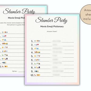 May include: A printable game for a slumber party. The game is called "Movie Emoji Pictionary". The game includes a list of 10 movie titles with emojis representing each movie. The answer sheet is included.