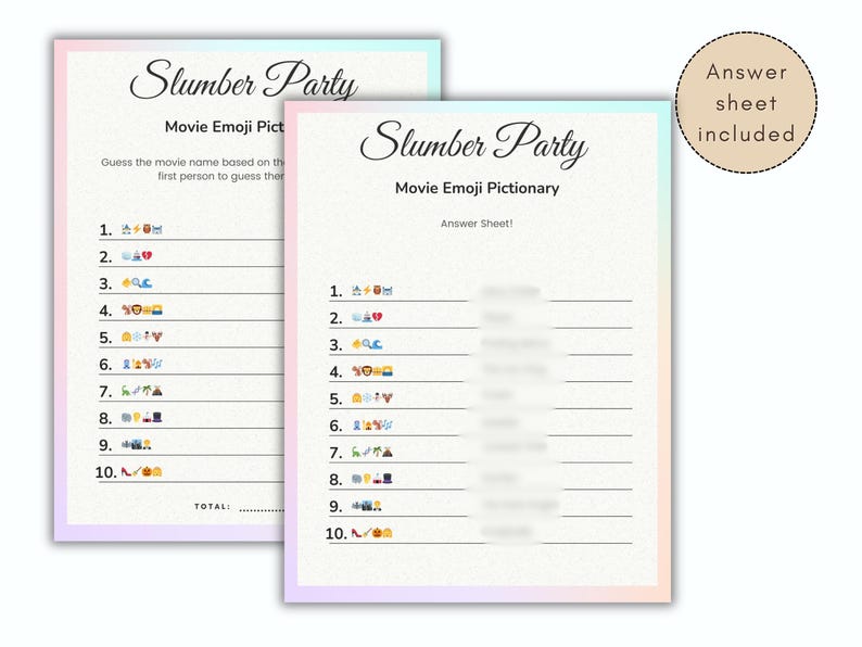 May include: A printable game for a slumber party. The game is called "Movie Emoji Pictionary". The game includes a list of 10 movie titles with emojis representing each movie. The answer sheet is included.