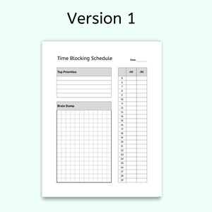 Puede incluir: Un horario de bloqueo de tiempo imprimible en blanco y negro con el t&iacute;tulo "Time Blocking Schedule" y las palabras "Top Priorities" y "Brain Dump" en cuadros grises. El horario est&aacute; dividido en incrementos de 30 minutos de 5:00 AM a 11:30 PM.