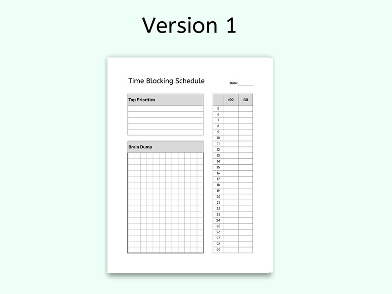 Puede incluir: Un horario de bloqueo de tiempo imprimible en blanco y negro con el t&iacute;tulo "Time Blocking Schedule" y las palabras "Top Priorities" y "Brain Dump" en cuadros grises. El horario est&aacute; dividido en incrementos de 30 minutos de 5:00 AM a 11:30 PM.