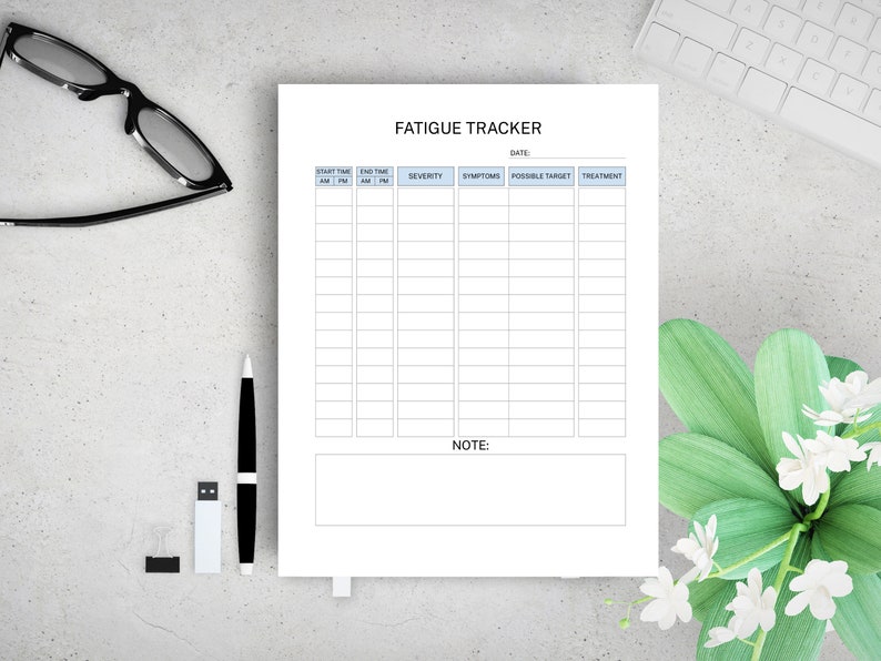 May include: A white paper fatigue tracker form with a grid layout featuring columns for start time, end time, severity, symptoms, possible target, and treatment, with a section for notes at the bottom and the title FATIGUE TRACKER at the top.