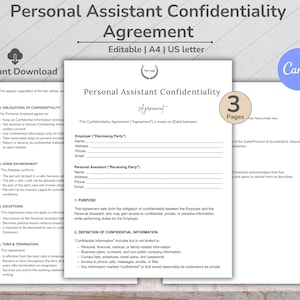 May include: A white Personal Assistant Confidentiality Agreement template with the text "Personal Assistant Confidentiality Agreement" and "Editable | A4 | US letter". The document is available as an instant download and has 3 pages.