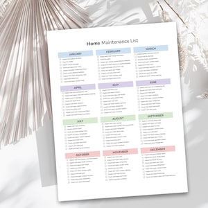 Peut inclure: Une liste de contr&ocirc;le d'entretien m&eacute;nager imprimable avec une liste de t&acirc;ches &agrave; effectuer chaque mois de l'ann&eacute;e. La liste de contr&ocirc;le est divis&eacute;e en 12 sections, une pour chaque mois, et chaque section contient une liste de t&acirc;ches &agrave; effectuer. La liste de contr&ocirc;le est con&ccedil;ue pour aider les propri&eacute;taires &agrave; maintenir leurs maisons en bon &eacute;tat.