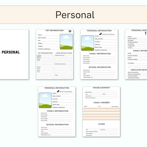 May include: A set of printable forms for personal information, family information, pet information, school information, employer information, and house summary. The forms are black and white with a green and blue illustration of a hill and a cloud.