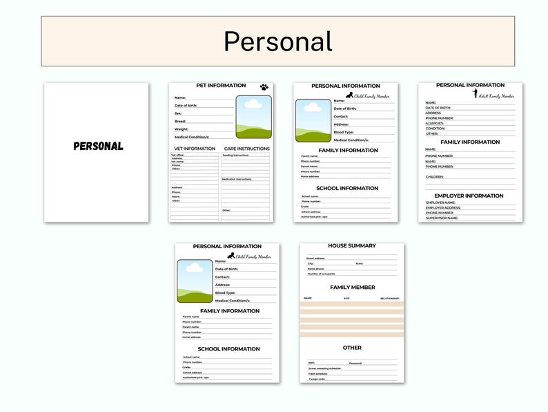 May include: A set of printable forms for personal information, family information, pet information, school information, employer information, and house summary. The forms are black and white with a green and blue illustration of a hill and a cloud.