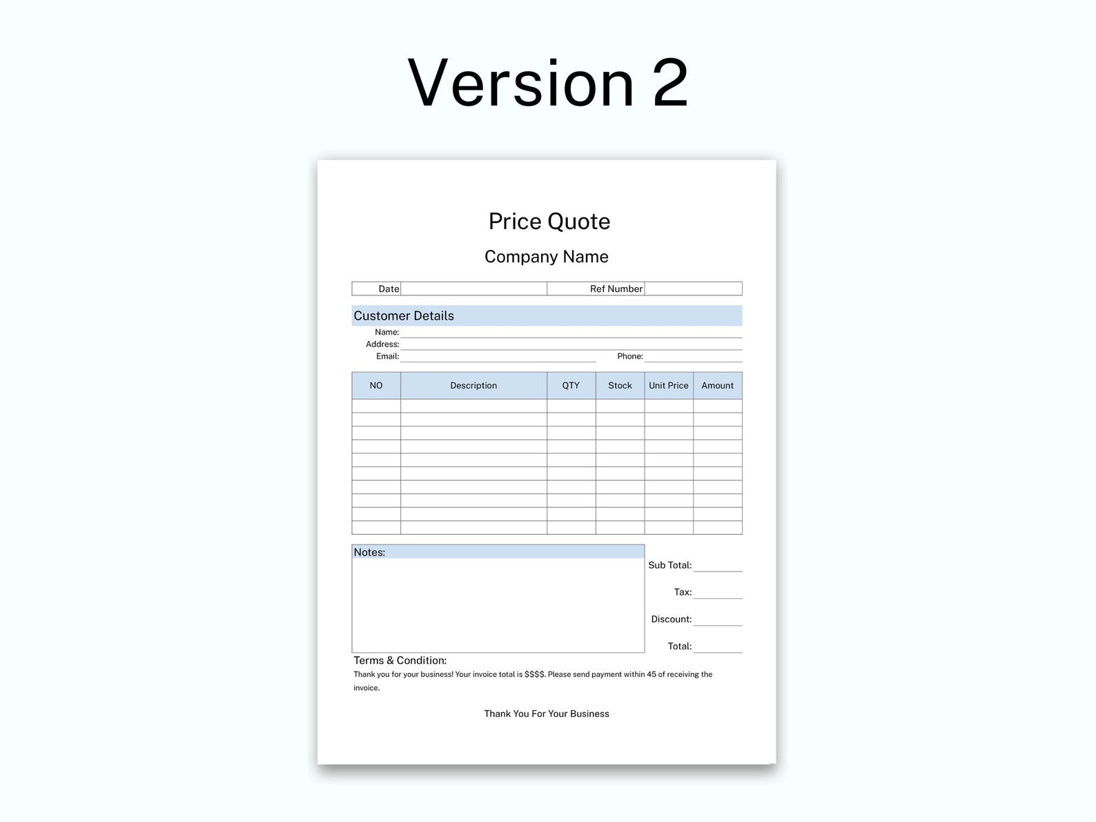 PRICE QUOTE Template Printable, Small Business Price Quotation Form ...
