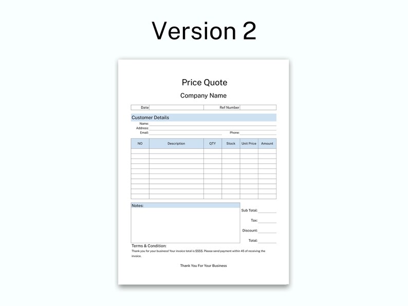 PRICE QUOTE Template Printable, Small Business Price Quotation Form ...