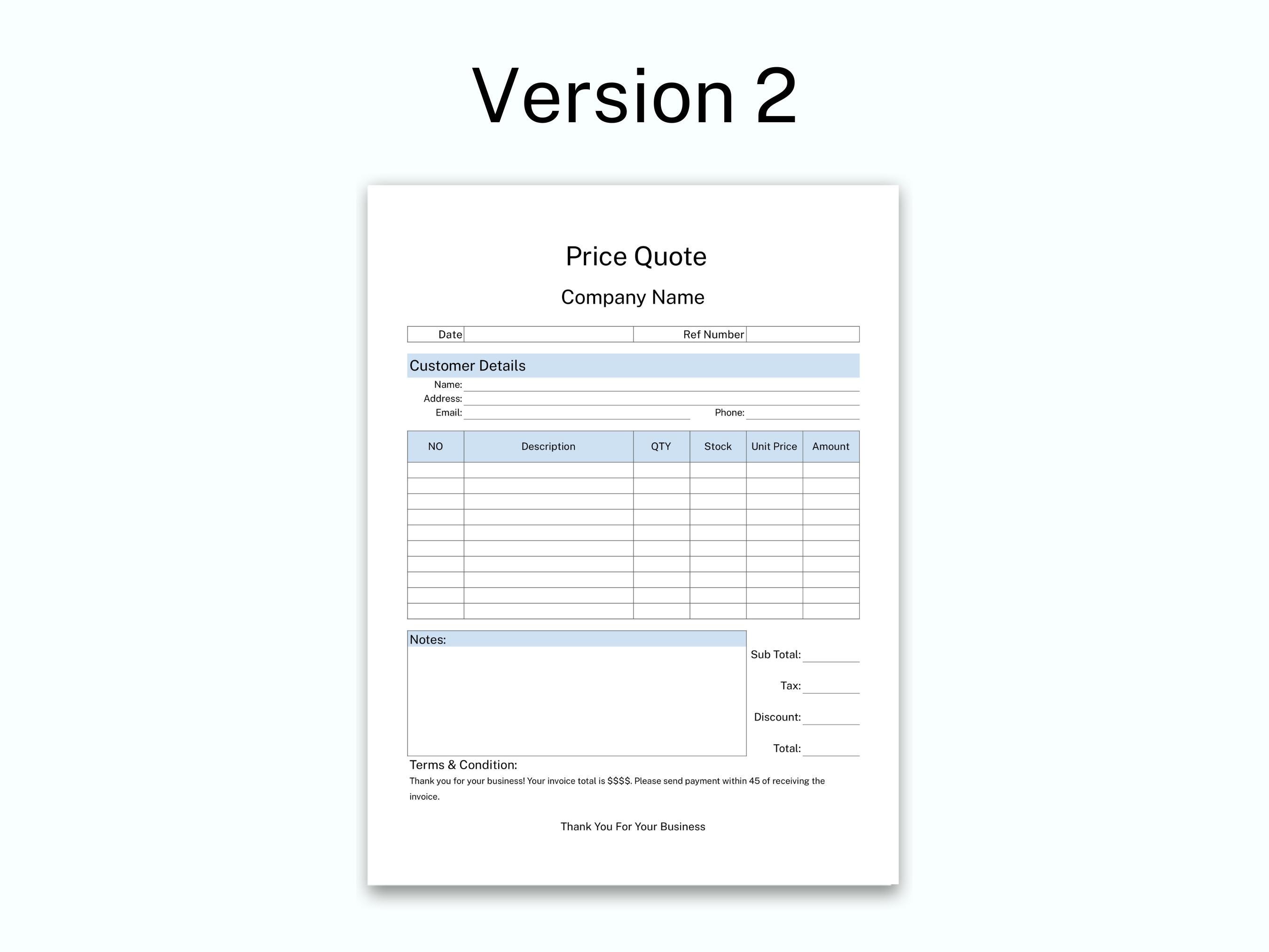 PRICE QUOTE Template Printable, Small Business Price Quotation Form ...