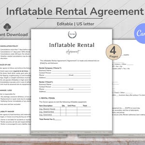 Könnte beinhalten: Eine weiße Vorlage für einen Mietvertrag für aufblasbare Artikel mit dem Text "Inflatable Rental Agreement" und "Editable | US letter". Das Dokument ist vier Seiten lang und enthält Abschnitte für Mietartikel und Stornierungsbedingungen. Ein Canva-Logo ist sichtbar.