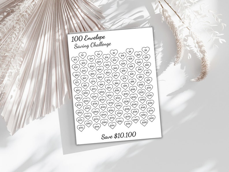 May include: A white paper with a black heart-shaped grid for a 100 Envelope Saving Challenge. The text "100 Envelope Saving Challenge" and "Save $10,100" are displayed. Each heart contains a different dollar amount.