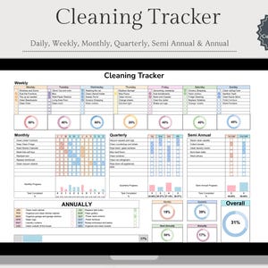 May include: A digital cleaning tracker with a colorful design. The tracker includes sections for daily, weekly, monthly, quarterly, semi-annual, and annual cleaning tasks. The tracker is fully customizable and can be used to track progress and stay organized.