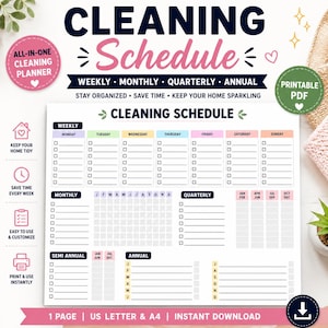 Flylady Printable Schedule, Editable Cleaning Schedule, Quarterly Check list Printable, Weekly Cleaning Check list, Deep Clean, Printable