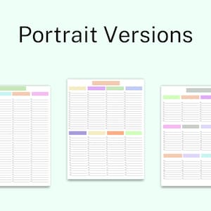 K&ouml;nnte beinhalten: Drei Checklisten im Hochformat mit pastellfarbenen &Uuml;berschriften werden vor einem hellgr&uuml;nen Hintergrund angezeigt. Der Text "Portrait Versions" steht oben. Jede Checkliste hat Zeilen und kleine K&auml;stchen.