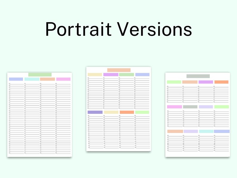 K&ouml;nnte beinhalten: Drei Checklisten im Hochformat mit pastellfarbenen &Uuml;berschriften werden vor einem hellgr&uuml;nen Hintergrund angezeigt. Der Text "Portrait Versions" steht oben. Jede Checkliste hat Zeilen und kleine K&auml;stchen.